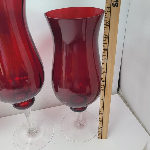 Hurricane Red Glass Candle Holders With Clear Stems Set of 3 - Picture 5 of 8